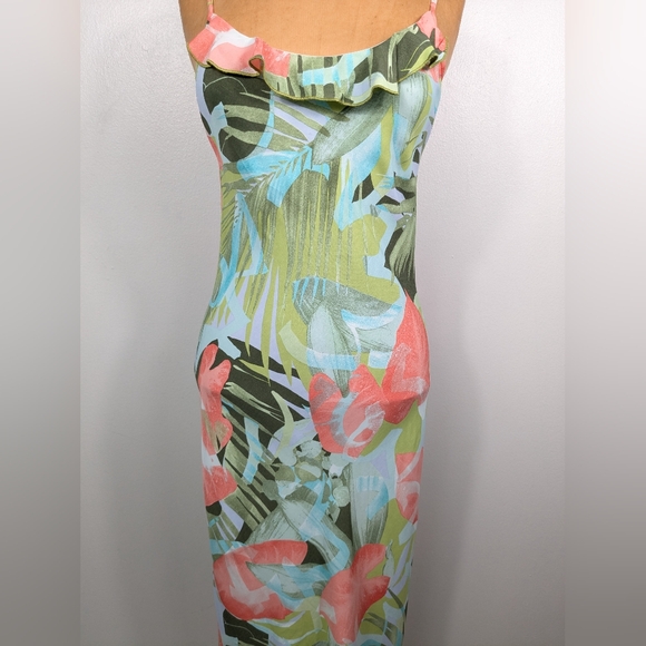 Vintage Jessica Ash Tropical Midi Dress Ruffle Neck Size Small Made in USA - Picture 8 of 15
